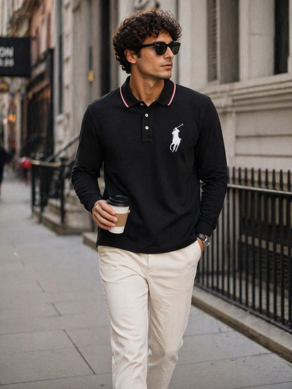 Ralph Lauren Men’s Black Long-Sleeve Polo with White Logo and Red-Trim Collar